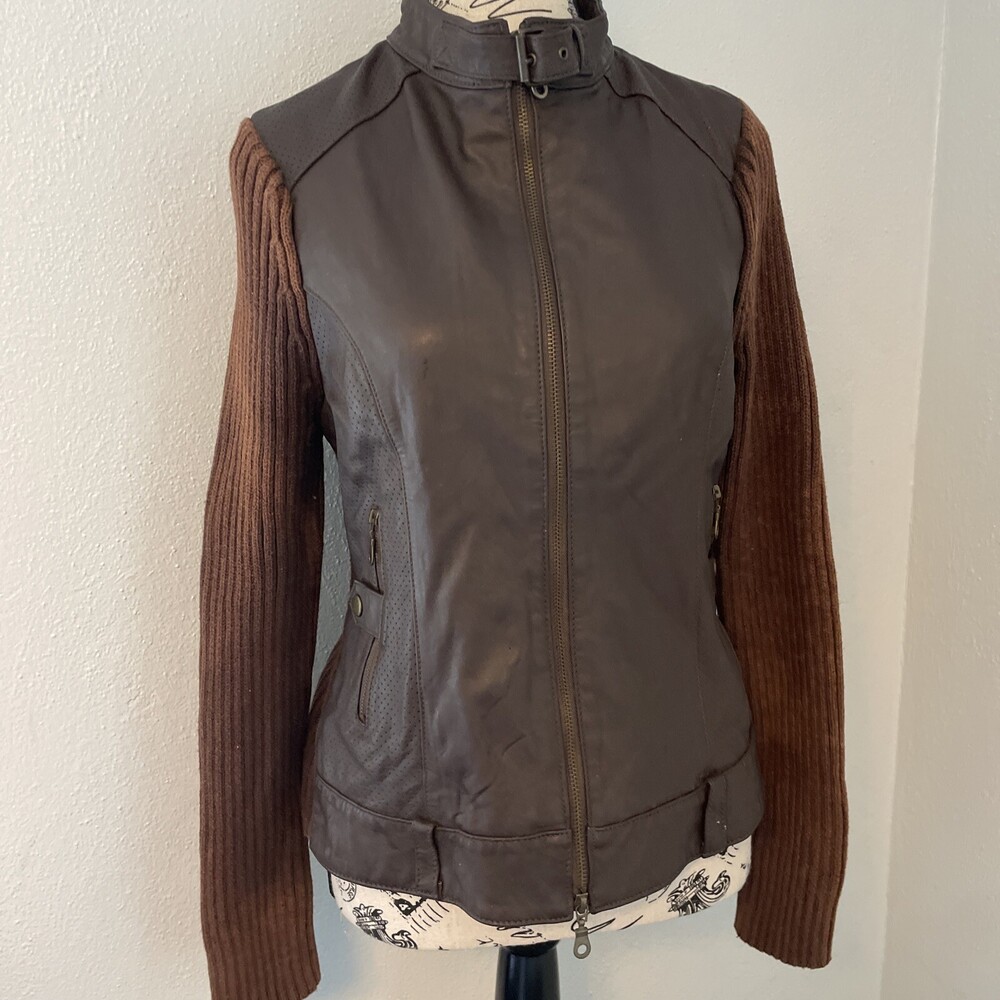 Maurice Sasson Vintage Brown Leather Rib Knit Sleeve Moto Jacket Medium (C)